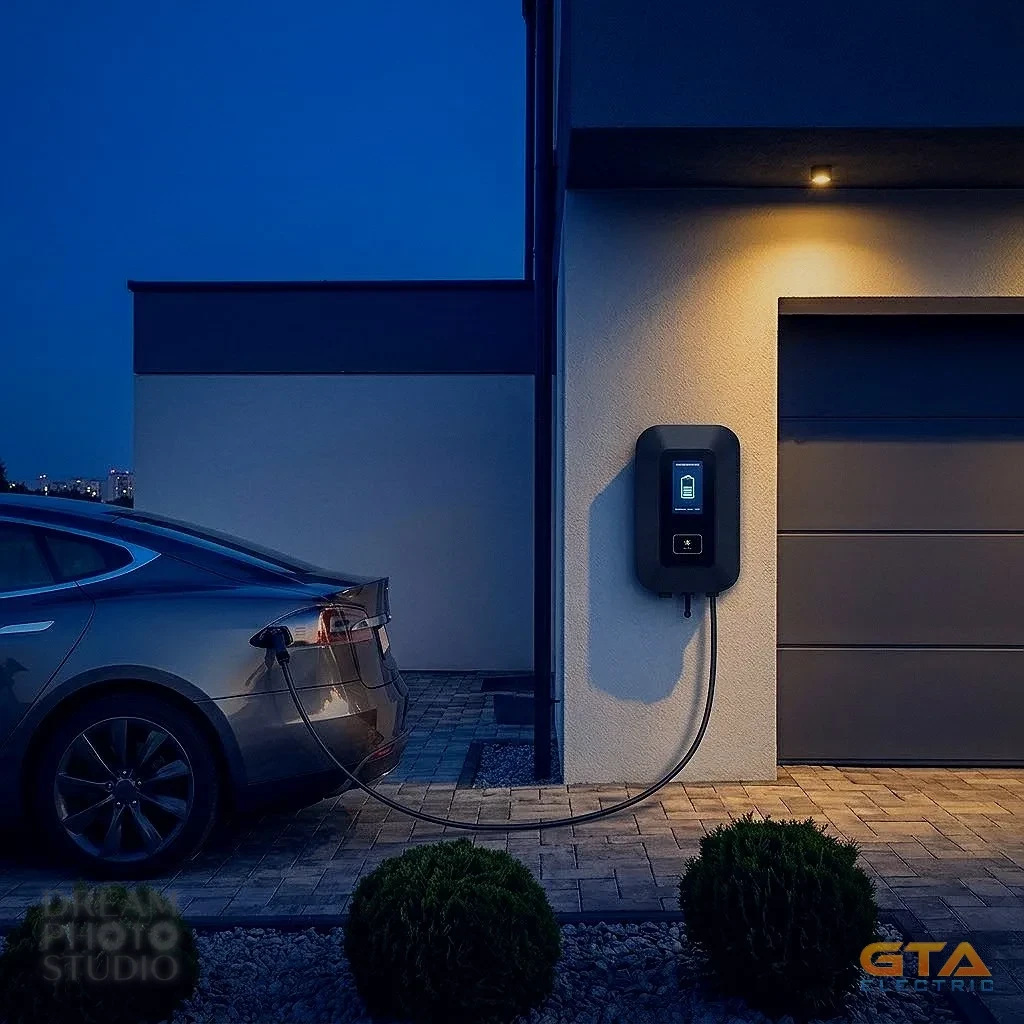 Wall-mounted Level 2 EV charger glowing on the exterior of a modern home at dusk, cable running to a charging Tesla in the driveway — installed by GTA Electric