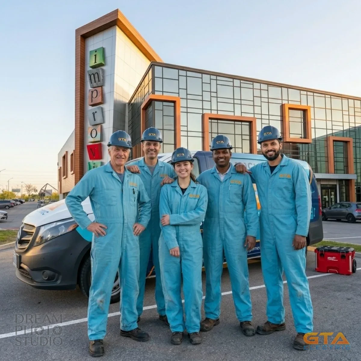 The licensed GTA Electric crew in branded coveralls and hard hats outside Improve Canada in Vaughan, Ontario, with their Mercedes service van