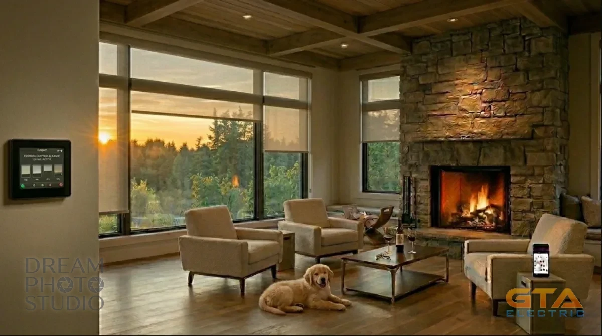 Smart lighting scene keypad on the wall of a warm modern living room at sunset — motorized roller shades lowered across the windows, fireplace lit, controlled on a GTA Electric integrated lighting and shade system