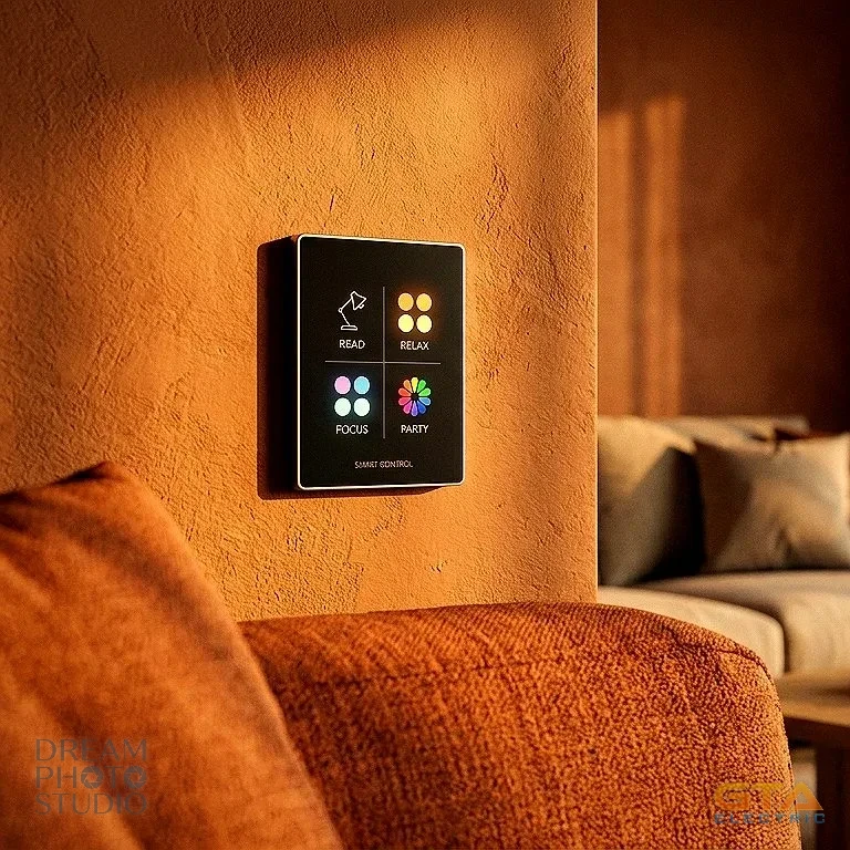 Smart lighting scene keypad mounted on a warm plaster wall in a modern living room — READ, RELAX, FOCUS and PARTY scenes on a GTA Electric integrated lighting control system