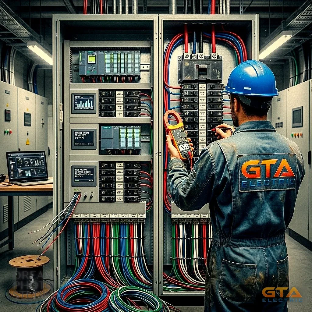 GTA Electric technician taking clamp-meter readings on an integrated smart-home control and distribution panel — PLCs, breakers, and structured wiring tied into one system